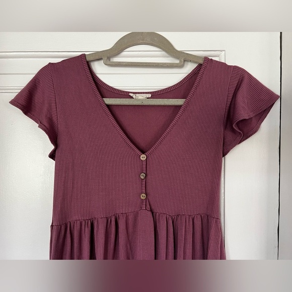 See You Monday Ribbed Tiered Babydoll Dress Mauve Pink Short Sleeve Mini Size M - Picture 3 of 7